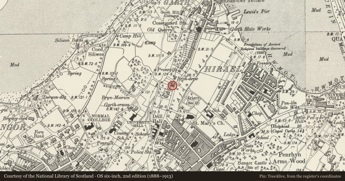 Ordnance Survey six-inch map, 2nd edition (1888–1913) covering the location of Erw Fair, Bangor, Gwynedd, with a pin at the register's coordinates