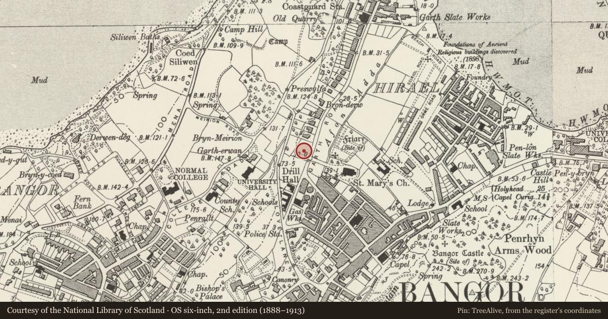 Ordnance Survey six-inch map, 2nd edition (1888–1913) covering the location of Former Tabernacle Chapel including Hall (Cwmni Theatr Hwyl a Fflag), Bangor, Gwynedd, with a pin at the register's coordinates