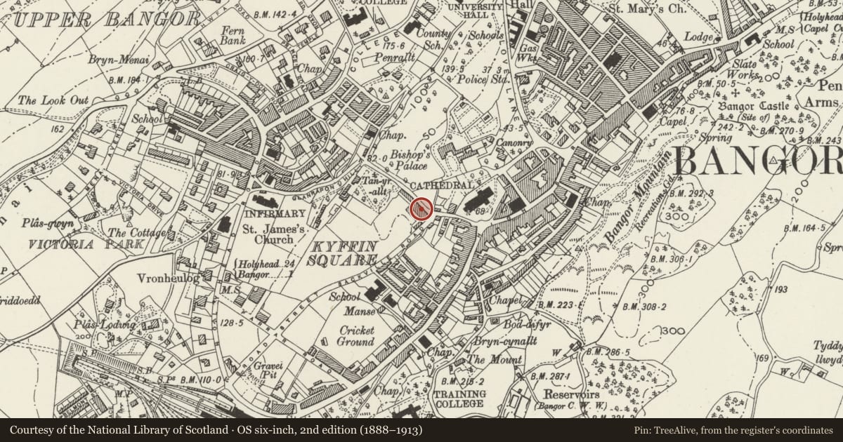 Ordnance Survey six-inch map, 2nd edition (1888–1913) covering the location of 39 Glanrafon, Bangor, Gwynedd, with a pin at the register's coordinates