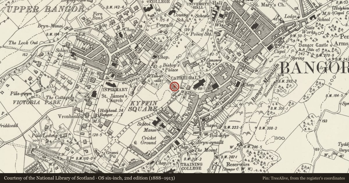 Ordnance Survey six-inch map, 2nd edition (1888–1913) covering the location of 40 Glanrafon, Bangor, Gwynedd, with a pin at the register's coordinates