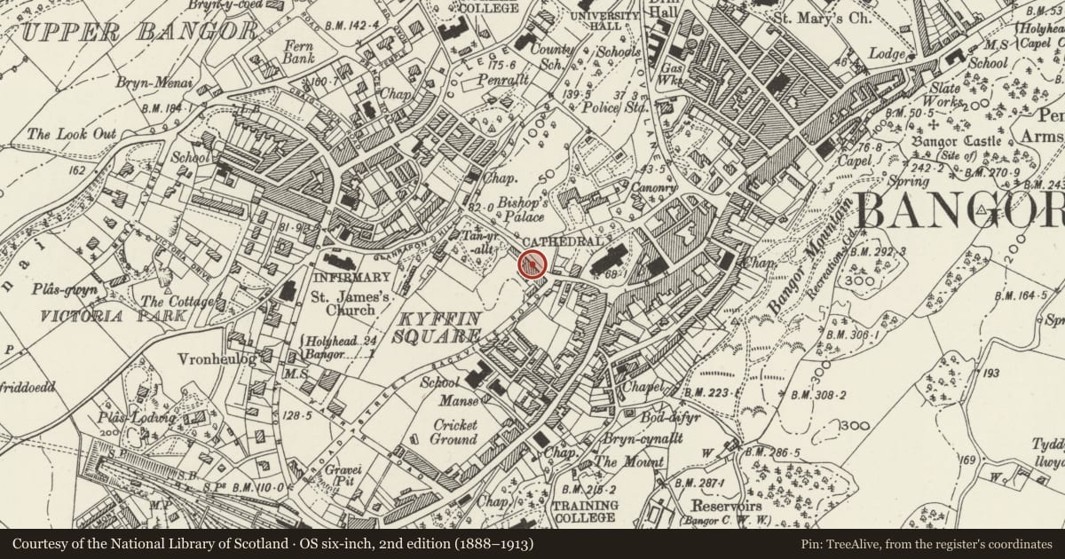 Ordnance Survey six-inch map, 2nd edition (1888–1913) covering the location of 41 Glanrafon, Bangor, Gwynedd, with a pin at the register's coordinates