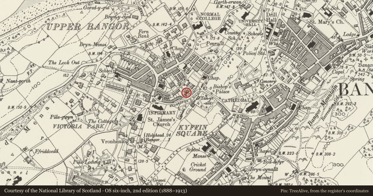 Ordnance Survey six-inch map, 2nd edition (1888–1913) covering the location of 1 Brynteg Terrace, Bangor, Gwynedd, with a pin at the register's coordinates