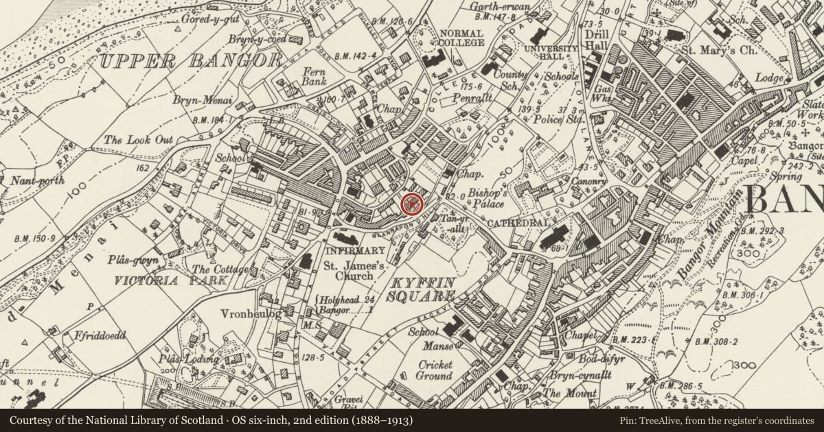 Ordnance Survey six-inch map, 2nd edition (1888–1913) covering the location of 2 Brynteg Terrace, Bangor, Gwynedd, with a pin at the register's coordinates