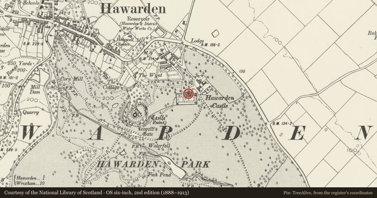 Ordnance Survey six-inch map, 2nd edition (1888–1913) covering the location of Hawarden Castle (New), Flintshire, with a pin at the register's coordinates