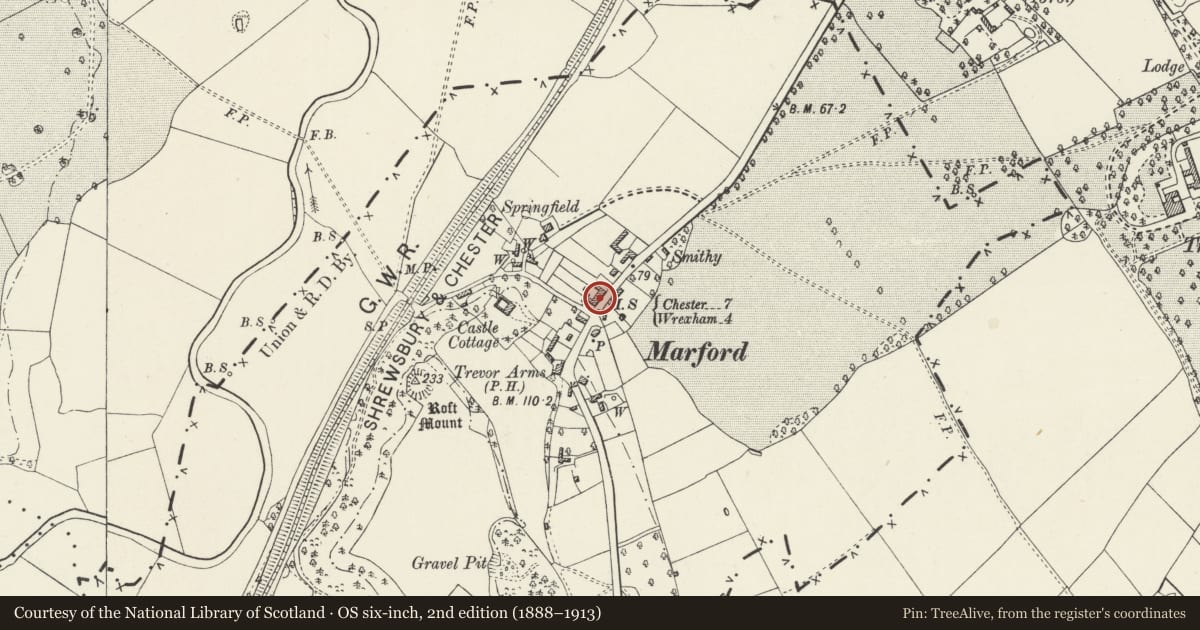 Ordnance Survey six-inch map, 2nd edition (1888–1913) covering the location of Romney Cottage, Gresford, Wrexham, with a pin at the register's coordinates