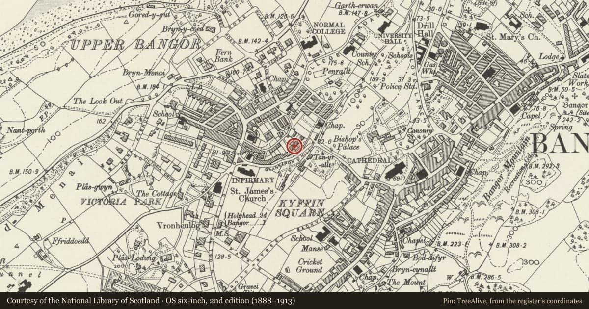Ordnance Survey six-inch map, 2nd edition (1888–1913) covering the location of 3 Brynteg Terrace, Bangor, Gwynedd, with a pin at the register's coordinates