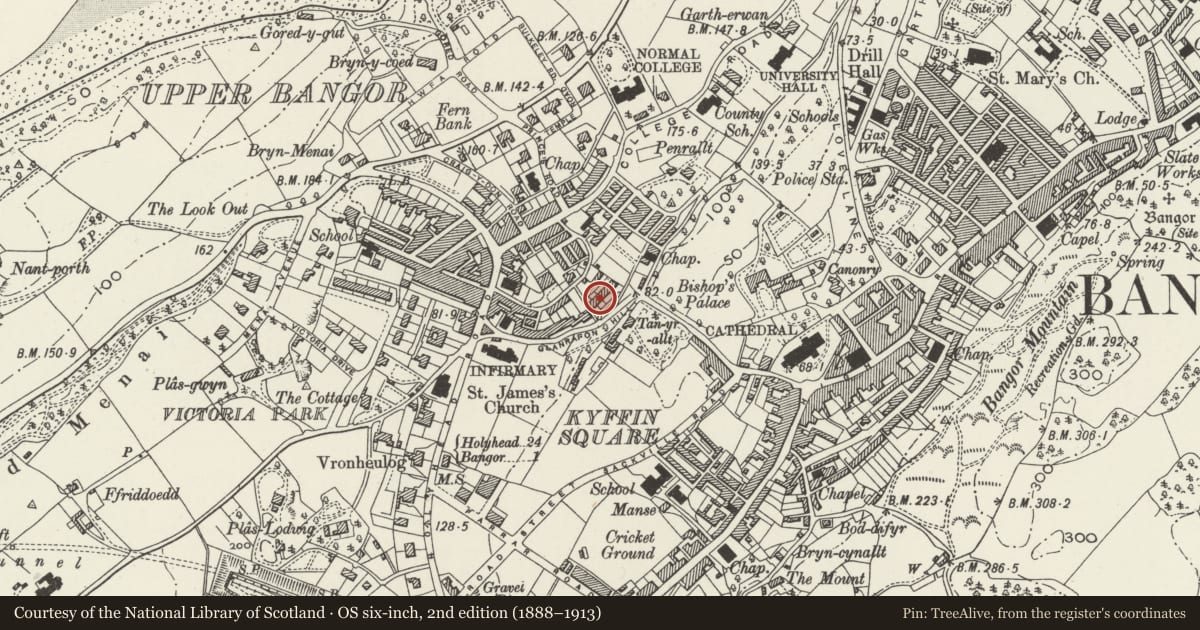 Ordnance Survey six-inch map, 2nd edition (1888–1913) covering the location of 4 Brynteg Terrace, Bangor, Gwynedd, with a pin at the register's coordinates