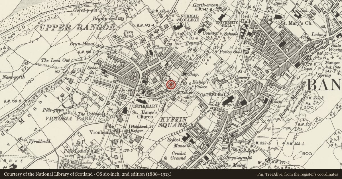 Ordnance Survey six-inch map, 2nd edition (1888–1913) covering the location of 5 Brynteg Terrace, Bangor, Gwynedd, with a pin at the register's coordinates