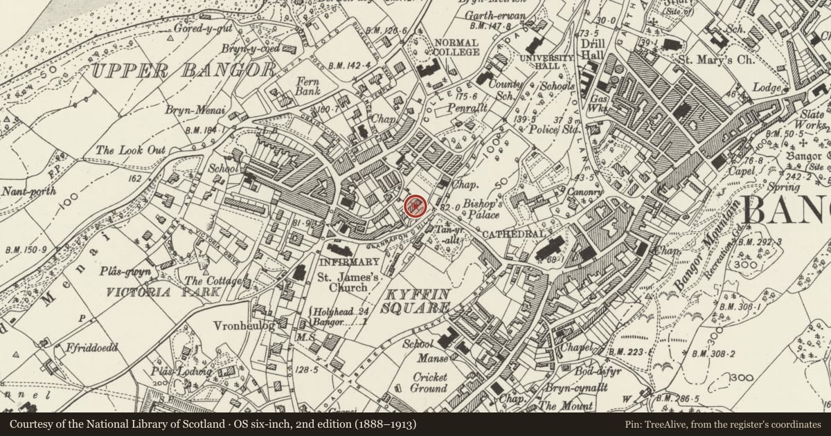 Ordnance Survey six-inch map, 2nd edition (1888–1913) covering the location of 7 Brynteg Terrace, Bangor, Gwynedd, with a pin at the register's coordinates