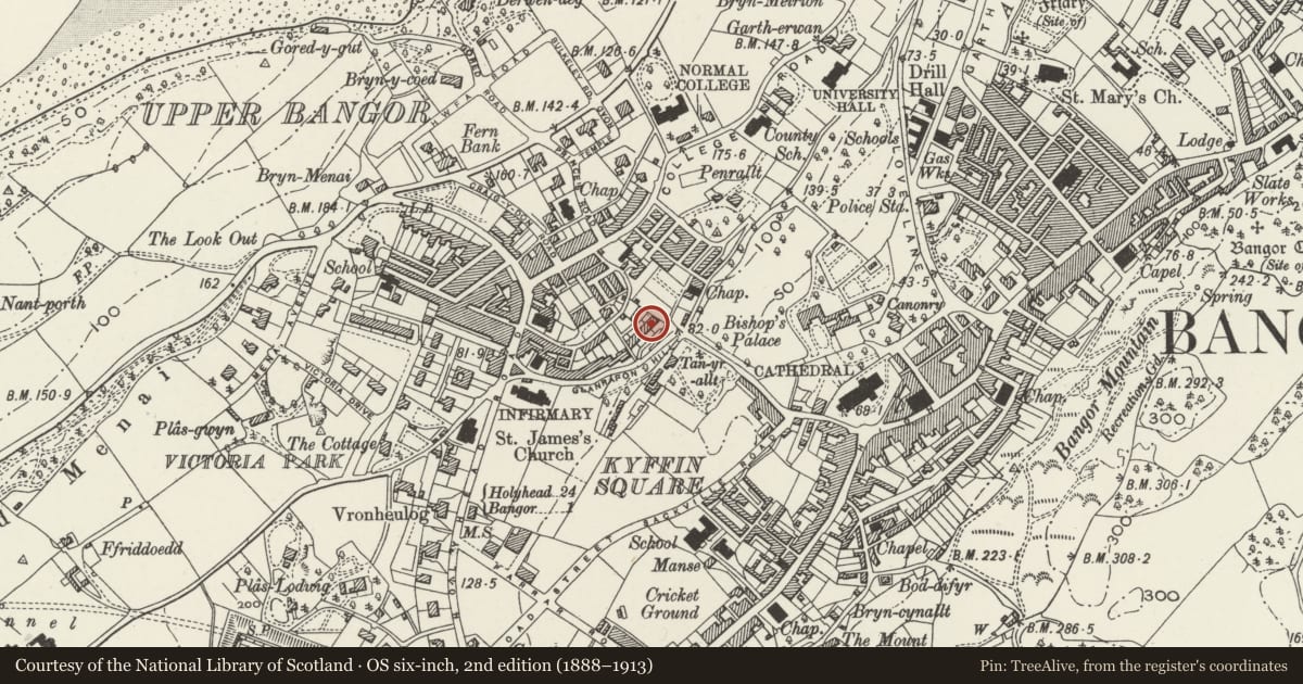 Ordnance Survey six-inch map, 2nd edition (1888–1913) covering the location of 8 Brynteg Terrace, Bangor, Gwynedd, with a pin at the register's coordinates
