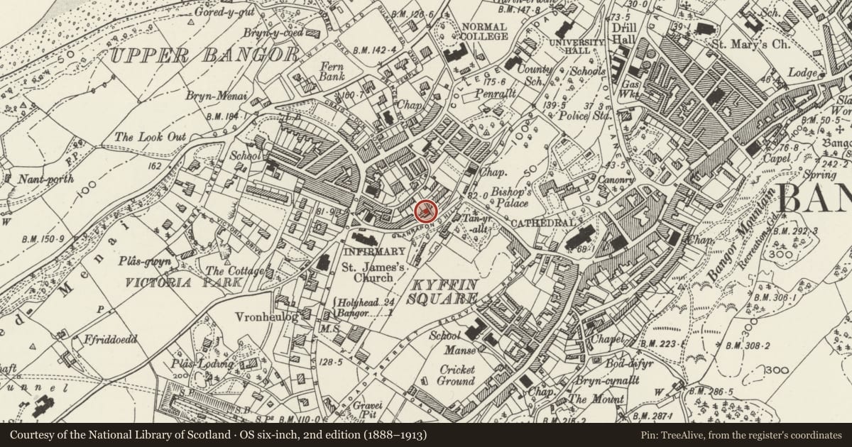 Ordnance Survey six-inch map, 2nd edition (1888–1913) covering the location of 2 Fron Dirion Terrace, Bangor, Gwynedd, with a pin at the register's coordinates