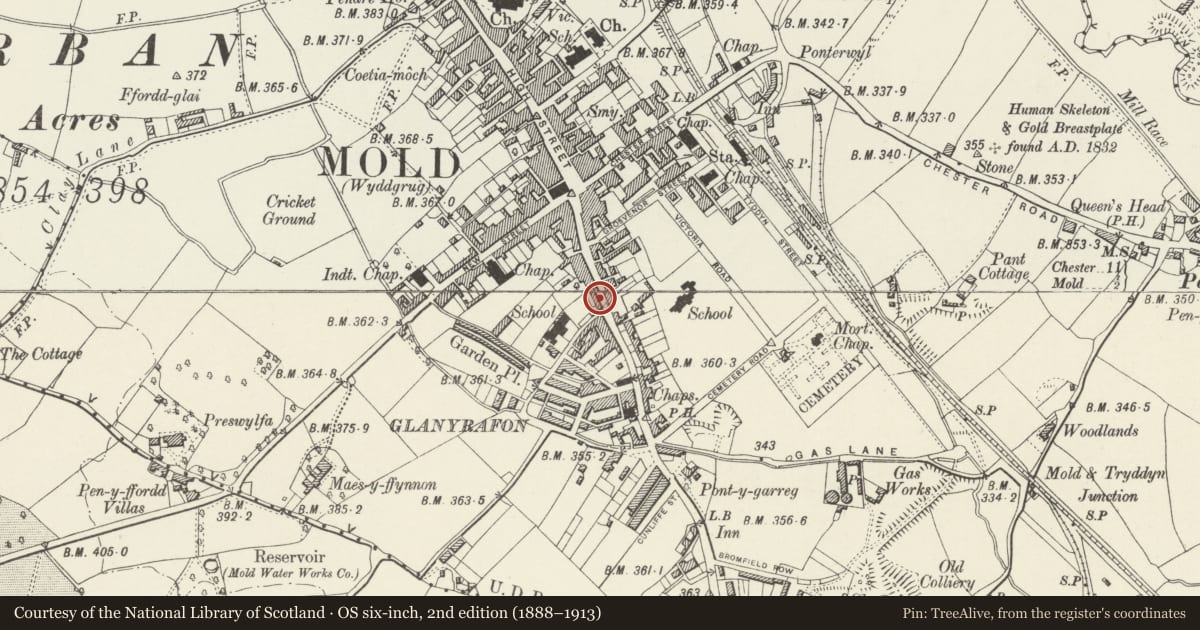 Ordnance Survey six-inch map, 2nd edition (1888–1913) covering the location of 51 Wrexhan Street, Mold, Flintshire, with a pin at the register's coordinates