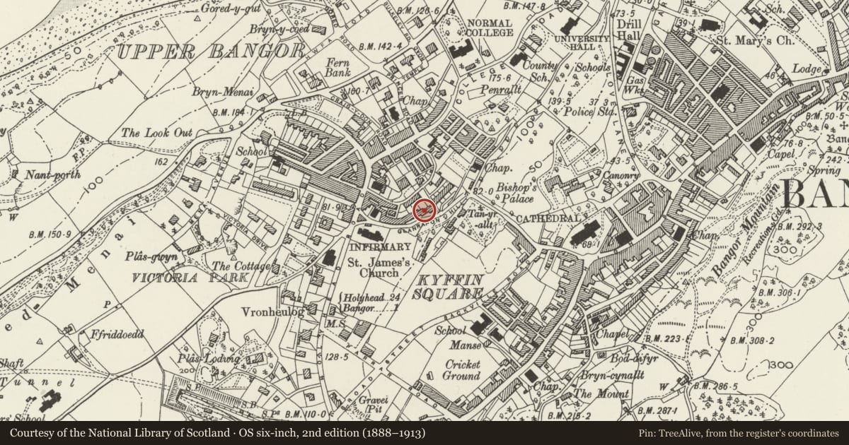 Ordnance Survey six-inch map, 2nd edition (1888–1913) covering the location of 4 Fron Dirion Terrace, Bangor, Gwynedd, with a pin at the register's coordinates