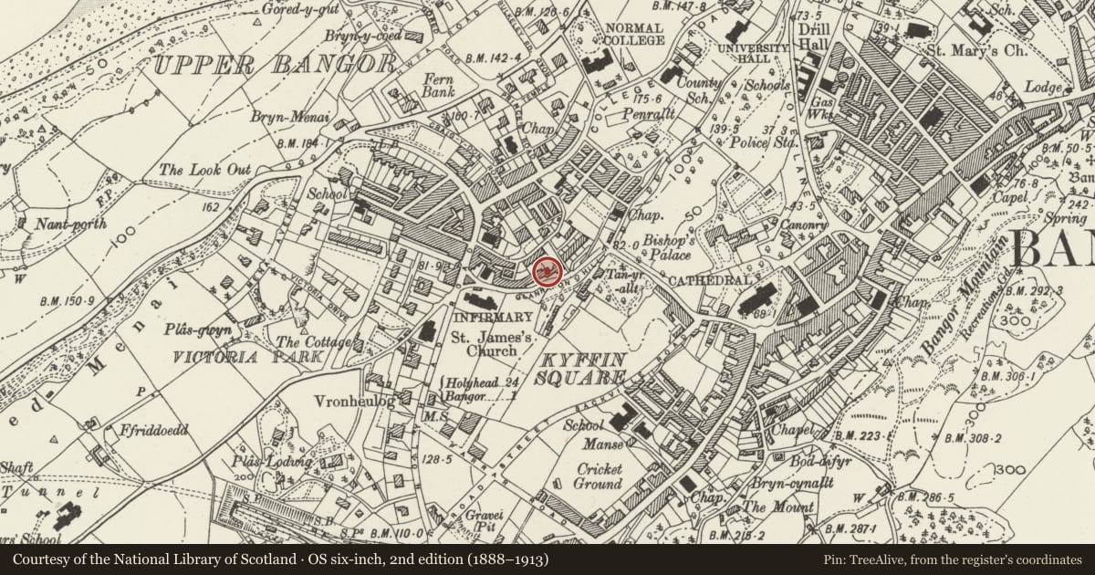 Ordnance Survey six-inch map, 2nd edition (1888–1913) covering the location of 5 Fron Dirion Terrace, Bangor, Gwynedd, with a pin at the register's coordinates