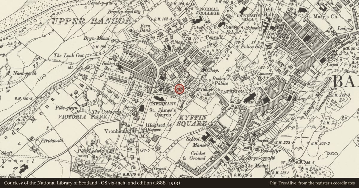 Ordnance Survey six-inch map, 2nd edition (1888–1913) covering the location of 6 Fron Dirion Terrace, Bangor, Gwynedd, with a pin at the register's coordinates