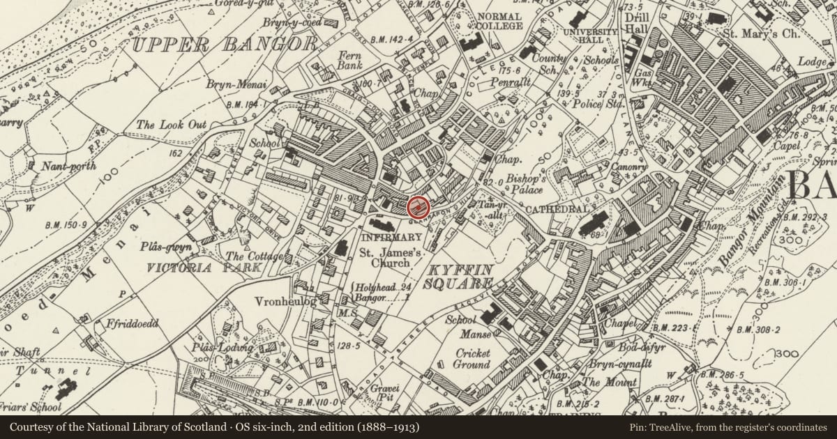 Ordnance Survey six-inch map, 2nd edition (1888–1913) covering the location of 2 Eldon Terrace, Bangor, Gwynedd, with a pin at the register's coordinates