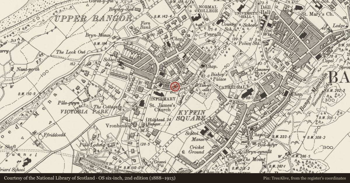 Ordnance Survey six-inch map, 2nd edition (1888–1913) covering the location of 3 Eldon Terrace, Bangor, Gwynedd, with a pin at the register's coordinates