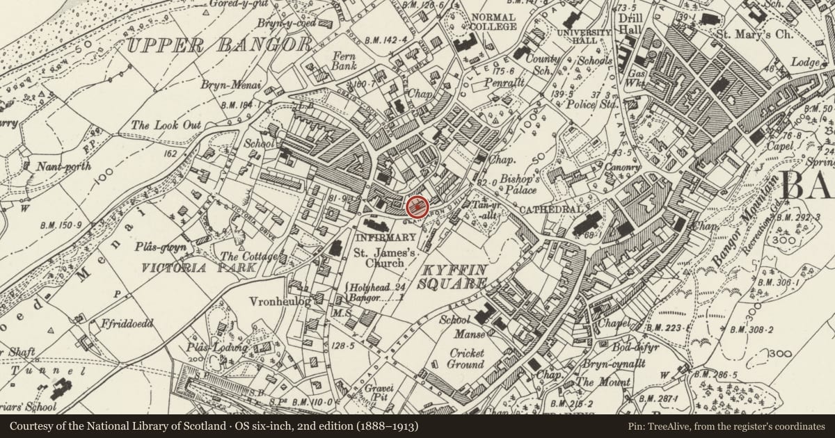 Ordnance Survey six-inch map, 2nd edition (1888–1913) covering the location of 4 Eldon Terrace, Bangor, Gwynedd, with a pin at the register's coordinates
