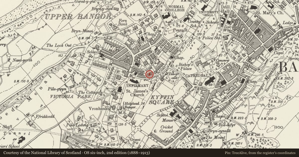 Ordnance Survey six-inch map, 2nd edition (1888–1913) covering the location of 5 Eldon Terrace, Bangor, Gwynedd, with a pin at the register's coordinates