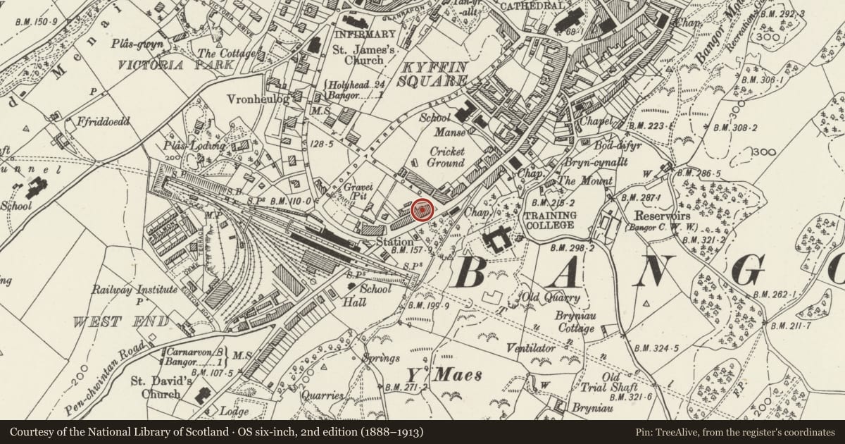 Ordnance Survey six-inch map, 2nd edition (1888–1913) covering the location of The British Hotel (including British Buttery Bar), Bangor, Gwynedd, with a pin at the register's coordinates