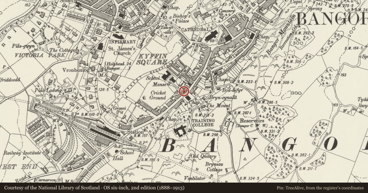 Ordnance Survey six-inch map, 2nd edition (1888–1913) covering the location of 93 High Street, Bangor, Gwynedd, with a pin at the register's coordinates