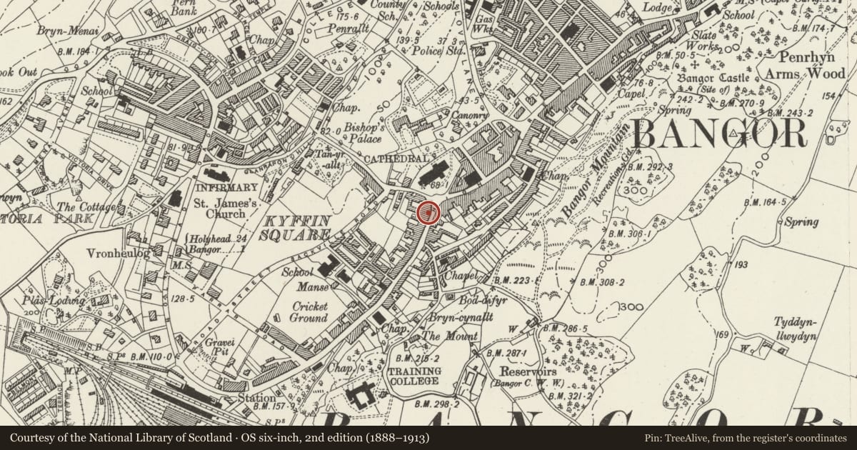 Ordnance Survey six-inch map, 2nd edition (1888–1913) covering the location of 201 High Street, Bangor, Gwynedd, with a pin at the register's coordinates