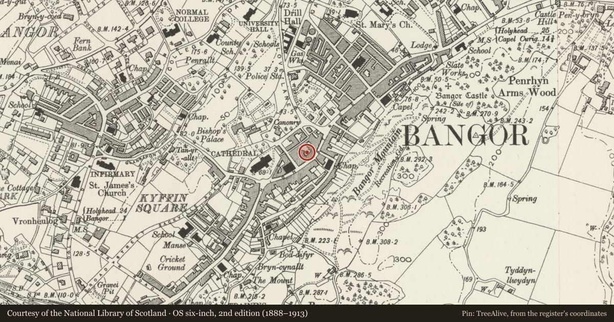 Ordnance Survey six-inch map, 2nd edition (1888–1913) covering the location of National Westminster Bank, Bangor, Gwynedd, with a pin at the register's coordinates
