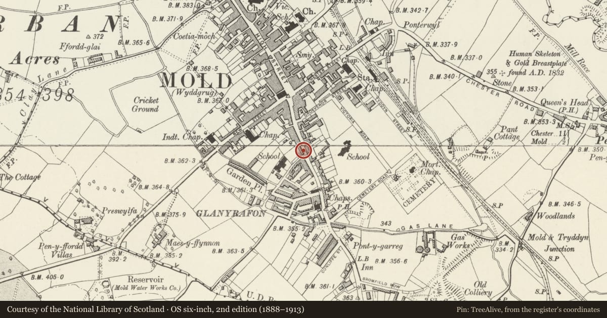 Ordnance Survey six-inch map, 2nd edition (1888–1913) covering the location of 55 Wrexham Street, Mold, Flintshire, with a pin at the register's coordinates