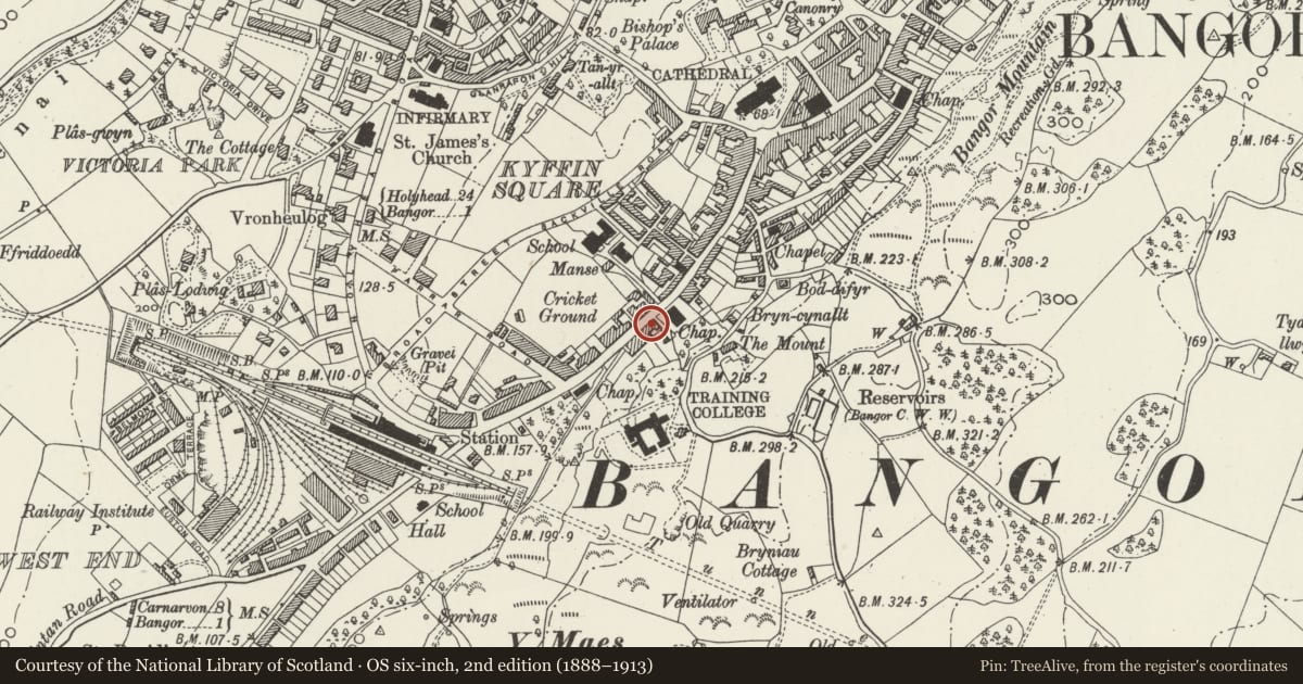 Ordnance Survey six-inch map, 2nd edition (1888–1913) covering the location of The Harp Inn PH including attached former outbuildings (78-82 Even nos), Bangor, Gwynedd, with a pin at the register's coordinates
