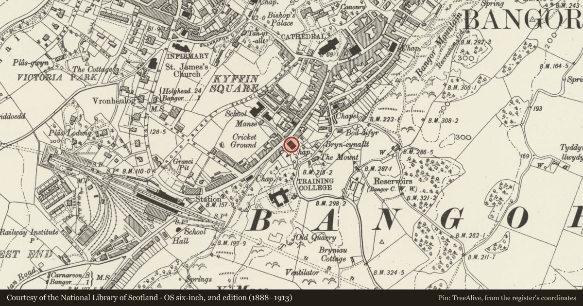 Ordnance Survey six-inch map, 2nd edition (1888–1913) covering the location of Pendref Chapel, Bangor, Gwynedd, with a pin at the register's coordinates