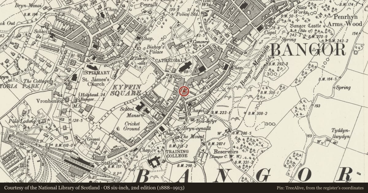 Ordnance Survey six-inch map, 2nd edition (1888–1913) covering the location of The Albion Hotel PH, Bangor, Gwynedd, with a pin at the register's coordinates