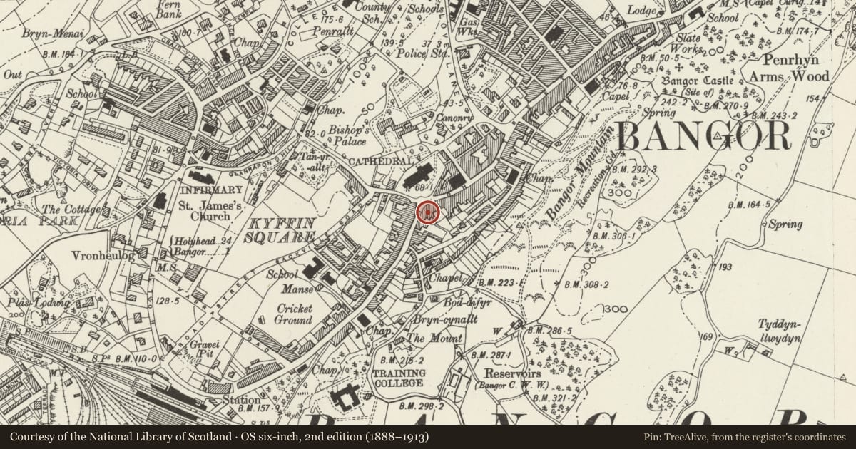 Ordnance Survey six-inch map, 2nd edition (1888–1913) covering the location of Debenhams (Nos 172, 174 & 196), Bangor, Gwynedd, with a pin at the register's coordinates