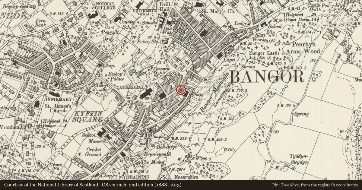 Ordnance Survey six-inch map, 2nd edition (1888–1913) covering the location of The Coffee Pot, Bangor, Gwynedd, with a pin at the register's coordinates