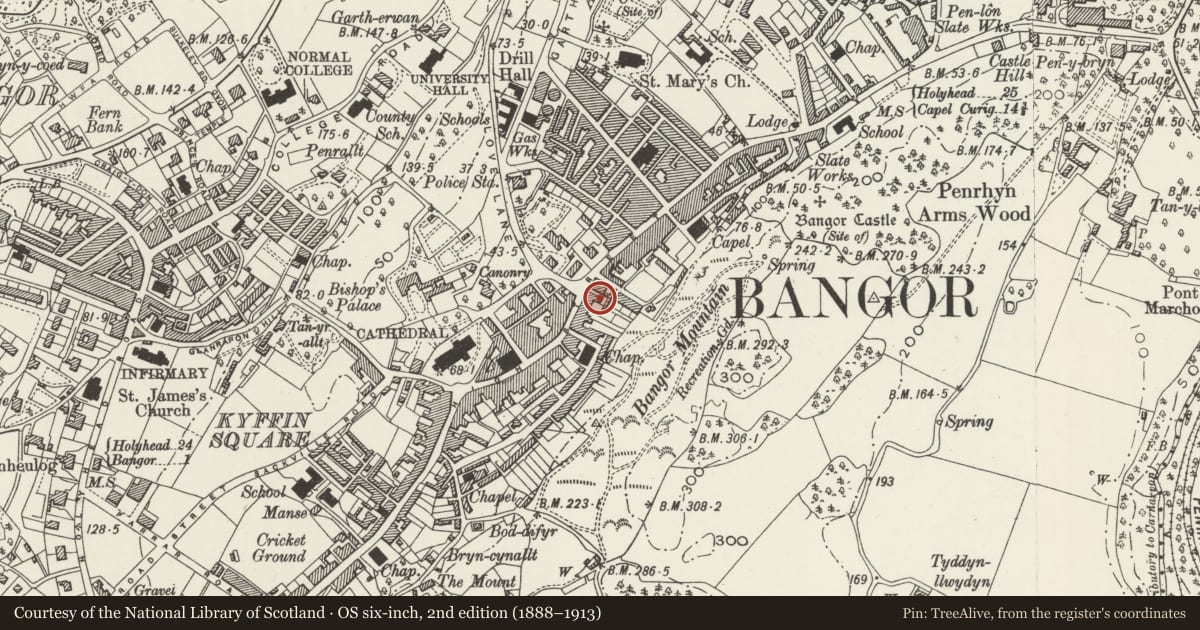 Ordnance Survey six-inch map, 2nd edition (1888–1913) covering the location of Lloyds Bank, Bangor, Gwynedd, with a pin at the register's coordinates