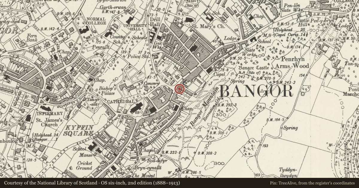 Ordnance Survey six-inch map, 2nd edition (1888–1913) covering the location of Alliance & Leicester Building Society, Bangor, Gwynedd, with a pin at the register's coordinates