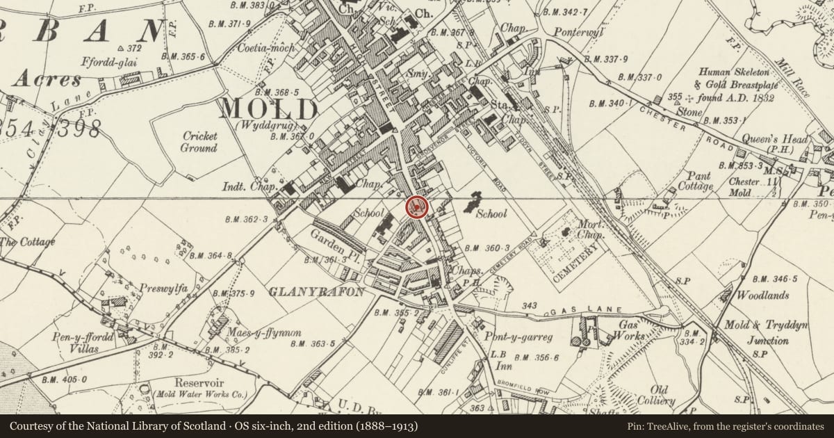 Ordnance Survey six-inch map, 2nd edition (1888–1913) covering the location of Britannia Inn P.H., Mold, Flintshire, with a pin at the register's coordinates