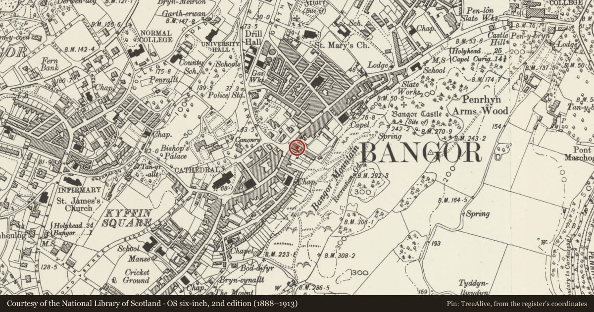 Ordnance Survey six-inch map, 2nd edition (1888–1913) covering the location of Midland Bank, Bangor, Gwynedd, with a pin at the register's coordinates