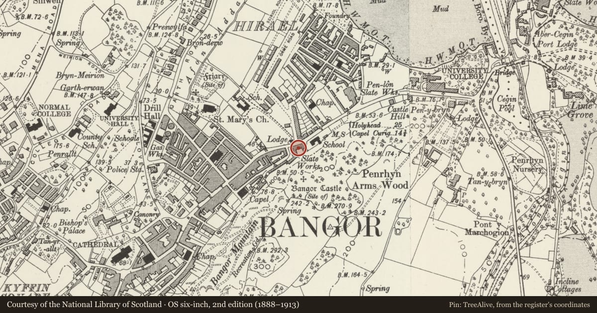 Ordnance Survey six-inch map, 2nd edition (1888–1913) covering the location of Friar's Terrace, Bangor, Gwynedd, with a pin at the register's coordinates