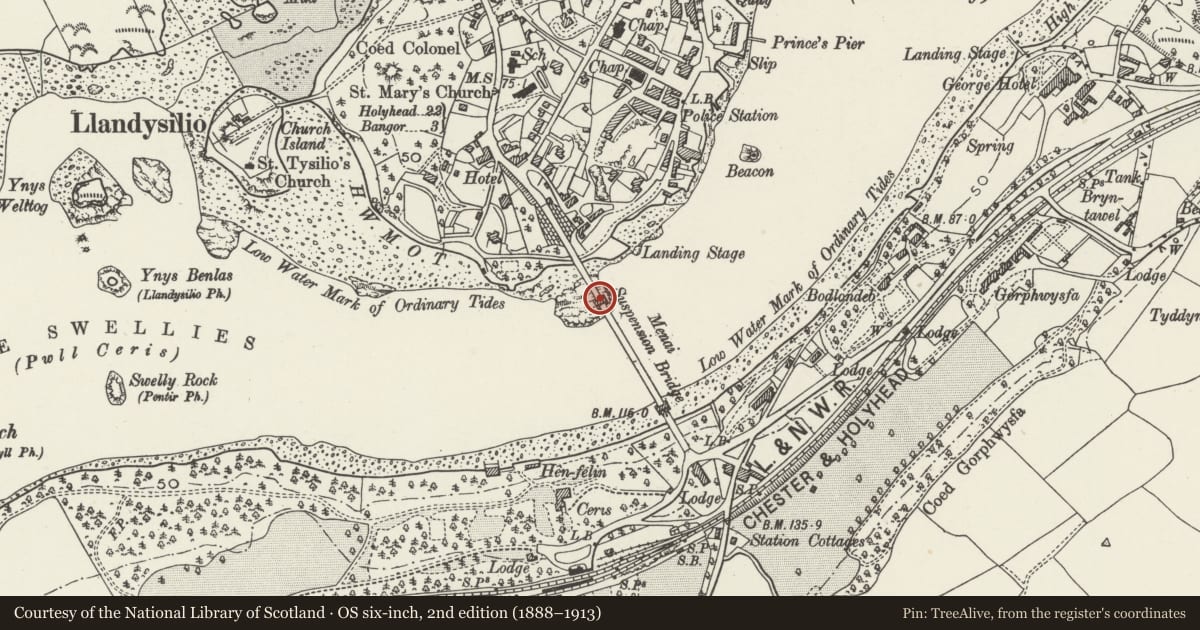 Ordnance Survey six-inch map, 2nd edition (1888–1913) covering the location of Menai Suspension Bridge, Menai Bridge, Isle of Anglesey, with a pin at the register's coordinates