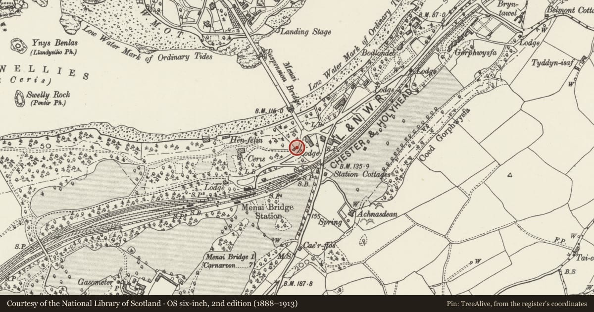 Ordnance Survey six-inch map, 2nd edition (1888–1913) covering the location of Transport, Bangor, Gwynedd, with a pin at the register's coordinates