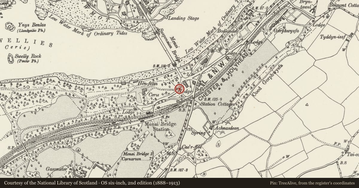 Ordnance Survey six-inch map, 2nd edition (1888–1913) covering the location of Transport, Bangor, Gwynedd, with a pin at the register's coordinates