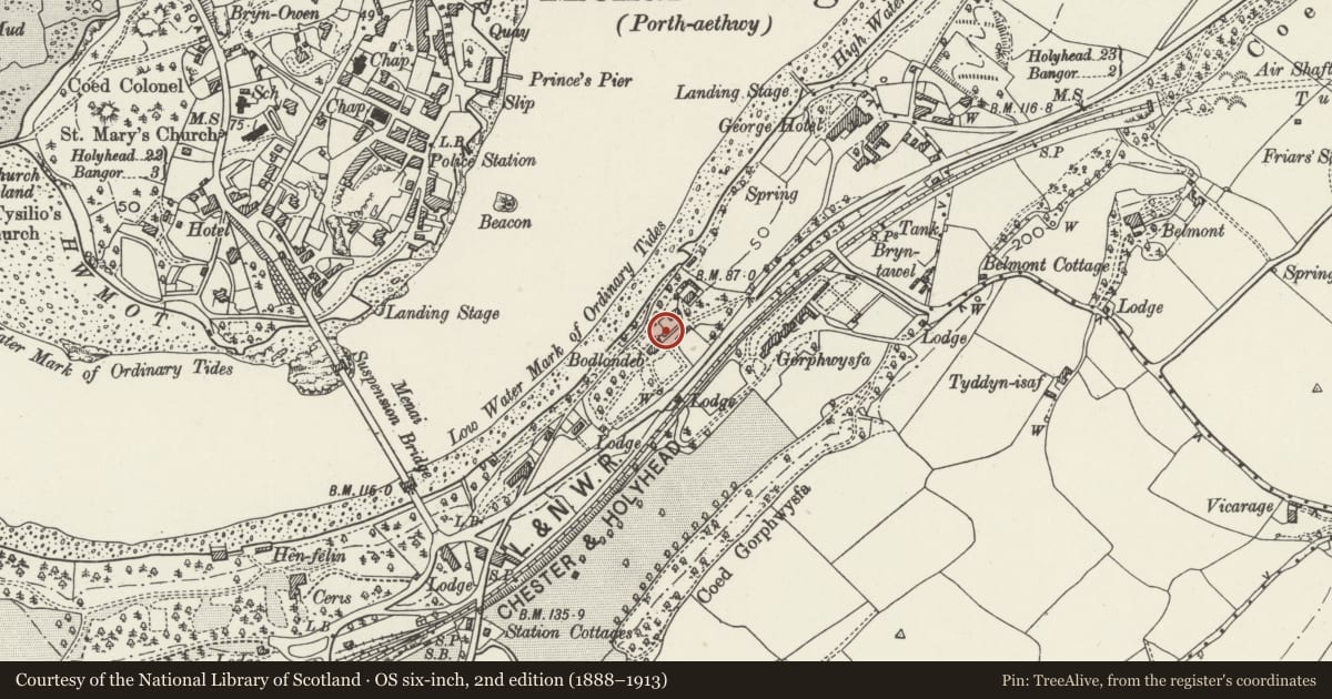 Ordnance Survey six-inch map, 2nd edition (1888–1913) covering the location of Bodlondeb, Bangor, Gwynedd, with a pin at the register's coordinates