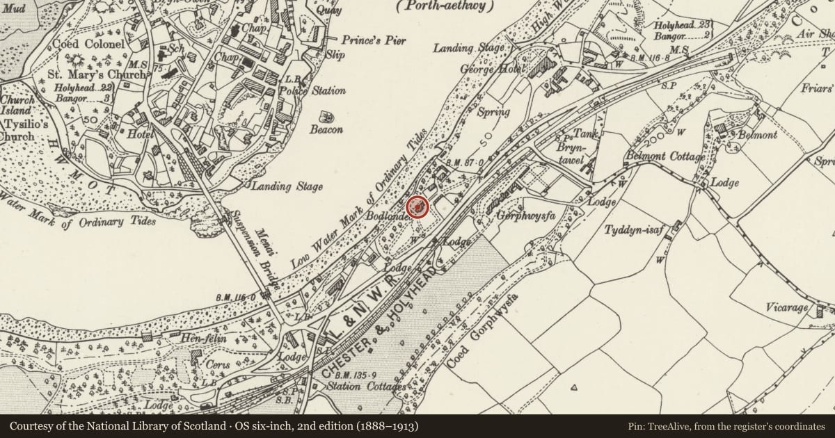Ordnance Survey six-inch map, 2nd edition (1888–1913) covering the location of Bodlondeb, Bangor, Gwynedd, with a pin at the register's coordinates