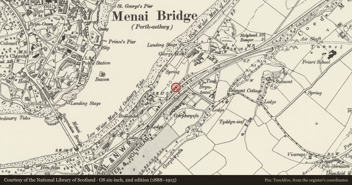 Ordnance Survey six-inch map, 2nd edition (1888–1913) covering the location of Gate Piers to the Drive at Normal College (George Hostel), Bangor, Gwynedd, with a pin at the register's coordinates