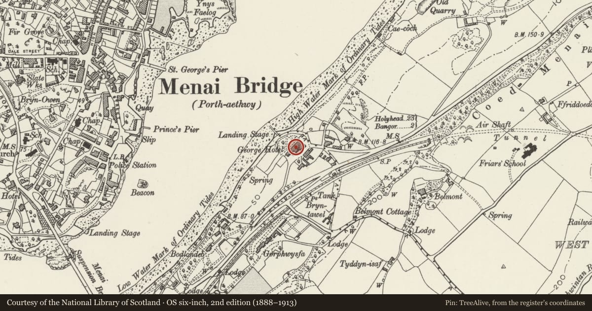 Ordnance Survey six-inch map, 2nd edition (1888–1913) covering the location of George Hostel, Normal College, Bangor, Gwynedd, with a pin at the register's coordinates