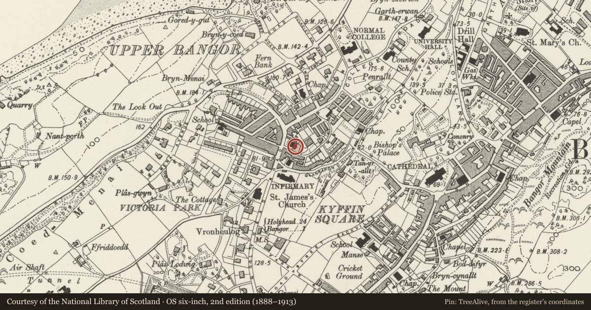Ordnance Survey six-inch map, 2nd edition (1888–1913) covering the location of Twrgwyn Welsh Presbyterian Chapel, Bangor, Gwynedd, with a pin at the register's coordinates