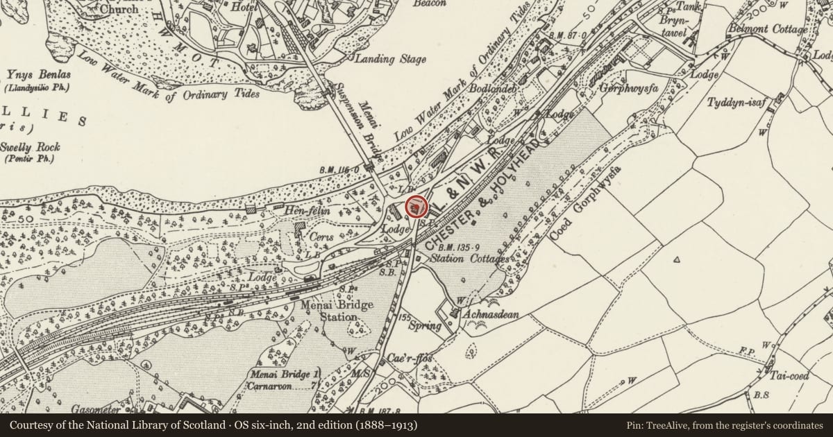 Ordnance Survey six-inch map, 2nd edition (1888–1913) covering the location of Antelope Inn P.H., Bangor, Gwynedd, with a pin at the register's coordinates
