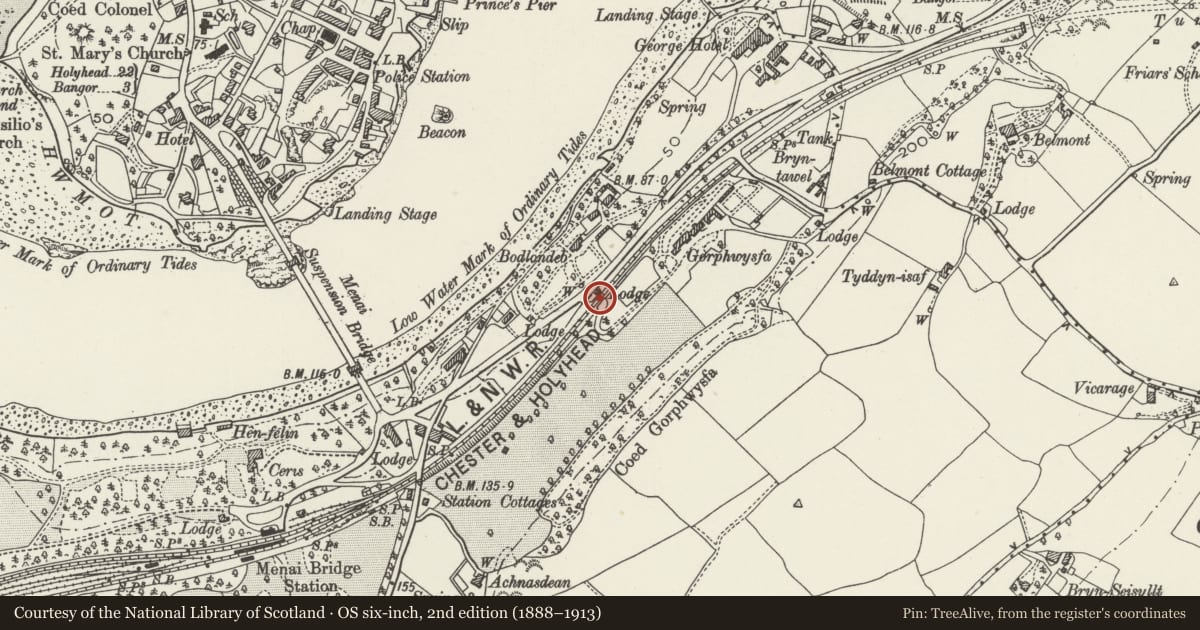 Ordnance Survey six-inch map, 2nd edition (1888–1913) covering the location of Railway Bridge over the Northern Driveway to Y Glyn, Bangor, Gwynedd, with a pin at the register's coordinates