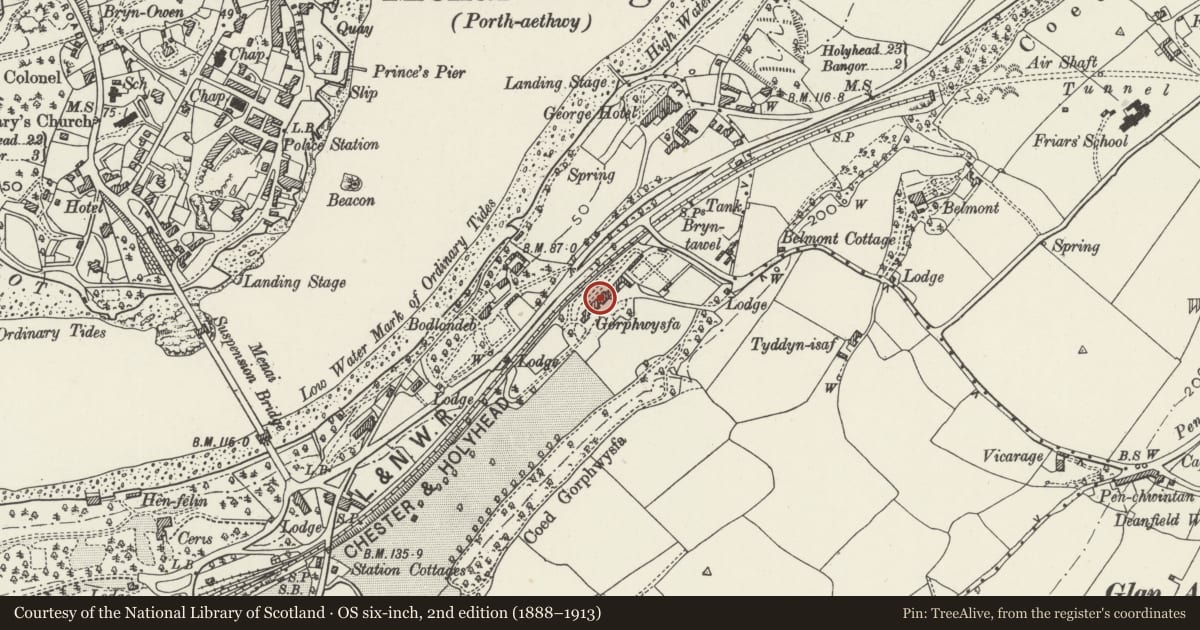 Ordnance Survey six-inch map, 2nd edition (1888–1913) covering the location of Y Glyn, Bangor, Gwynedd, with a pin at the register's coordinates
