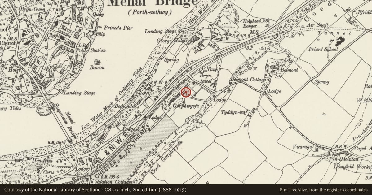 Ordnance Survey six-inch map, 2nd edition (1888–1913) covering the location of Gateway to former Walled Garden at Y Glyn, Bangor, Gwynedd, with a pin at the register's coordinates